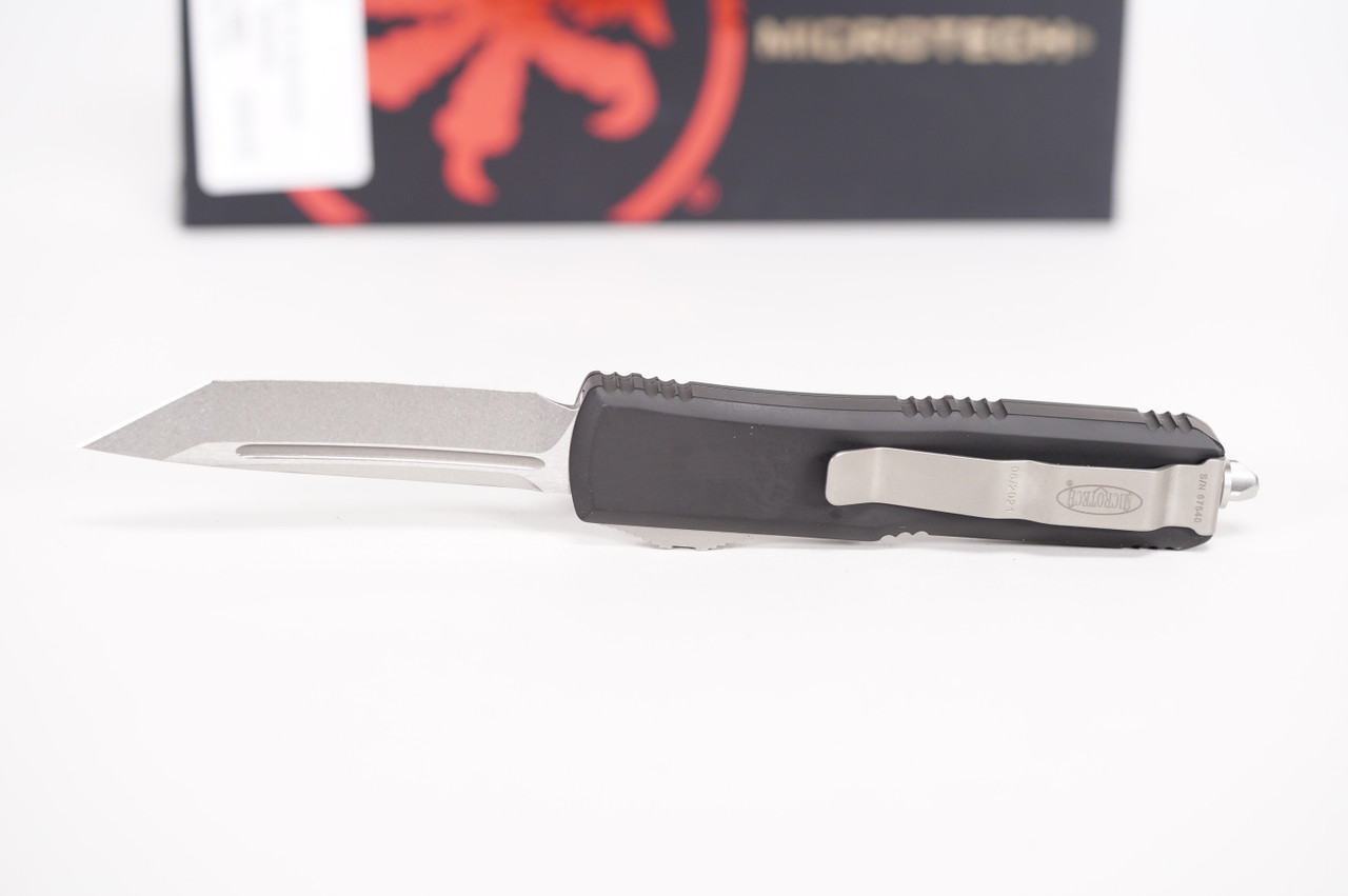 Microtech 233-10 UTX-85 Stonewashed Tanto, Black Handles - Image 2