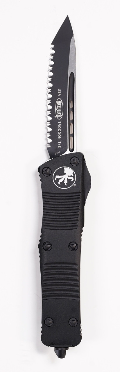 Microtech 140-3T Troodon Black Full Serrated, Black Handles