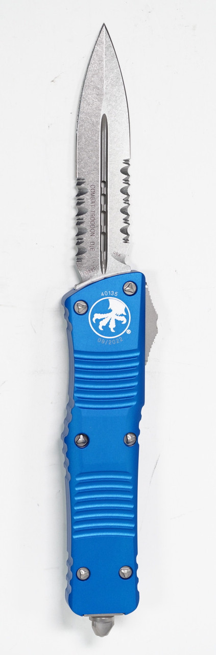 Microtech 142-11BL Combat Troodon Stonewashed, Blue Handle
