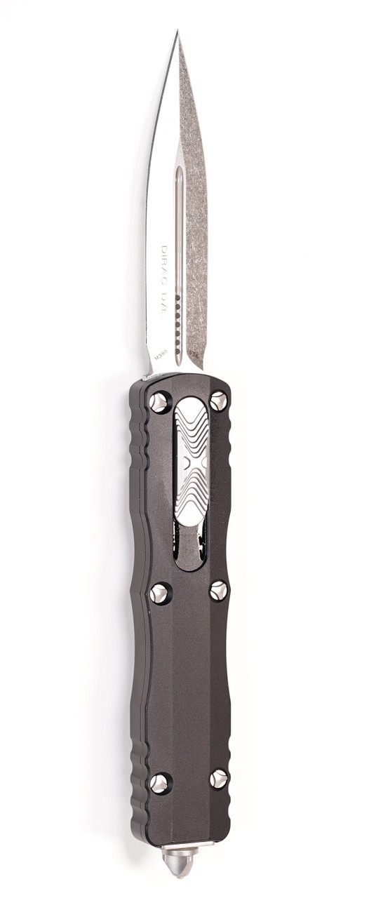 Microtech 225-10 Dirac Stonewashed, Black Aluminum Handles