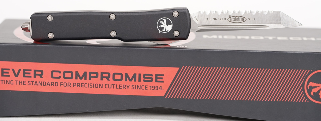 Microtech 149-6 UTX-70 Satin Full Serrated, Black Handles