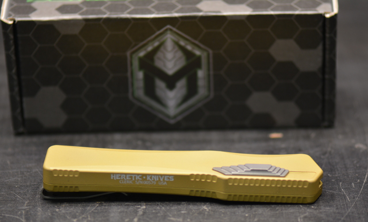 Heretic Knives Cleric Tanto OTF Auto Knife Tan Handle 3.5" - Image 7