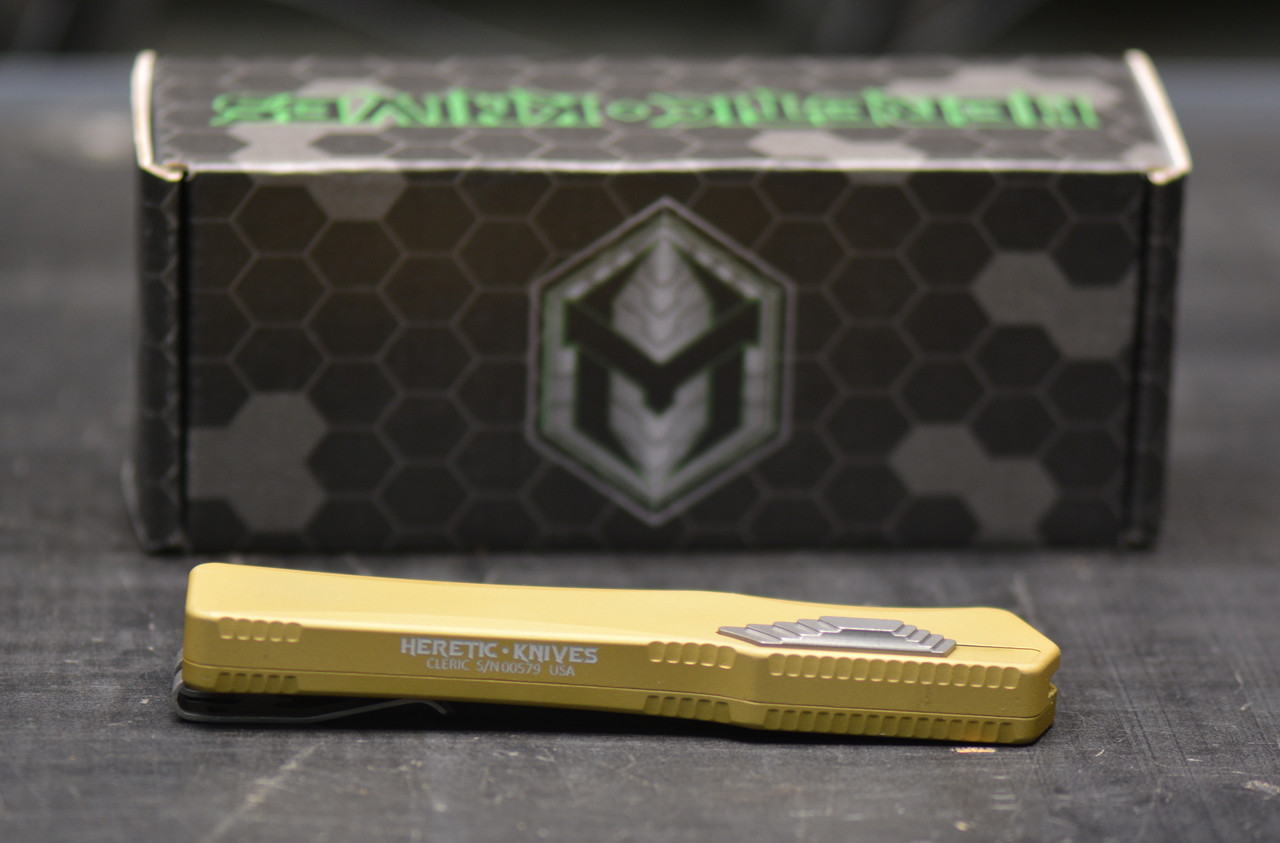 Heretic Knives Cleric Tanto OTF Auto Knife Tan Handle 3.5" - Image 6